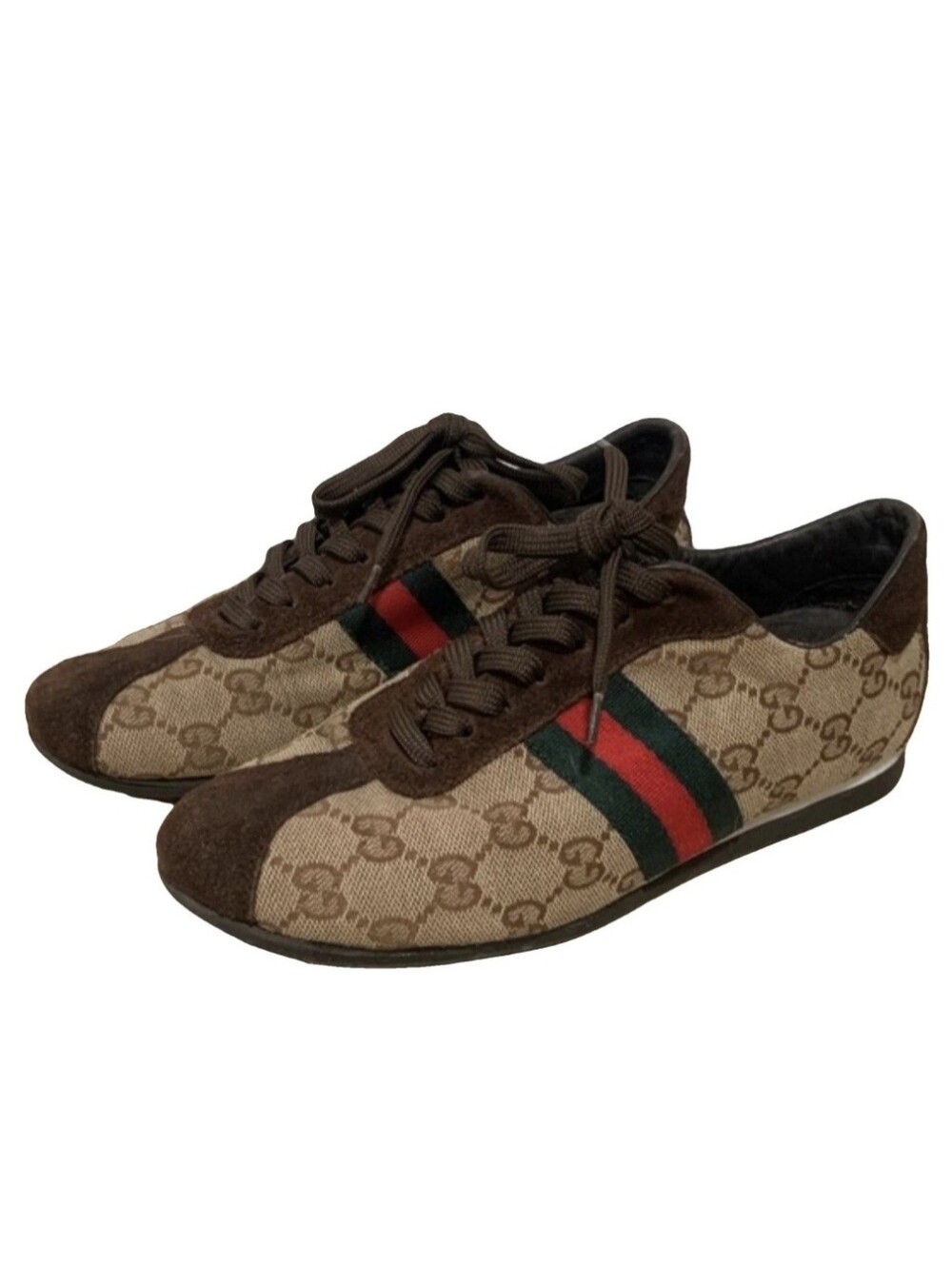 Gucci Beige/Brown GG Canvas & Suede Lace Up Sneakers Womens Size 6.5 has wear